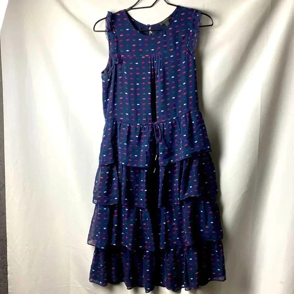 J CREW 100% SILK WO DRESS SIZE‎ 0 FLOUNCY RUFFLED DRESS NAVY WITH COLORED…